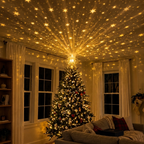 Skylit Star on the tree with golden stars across the ceiling
