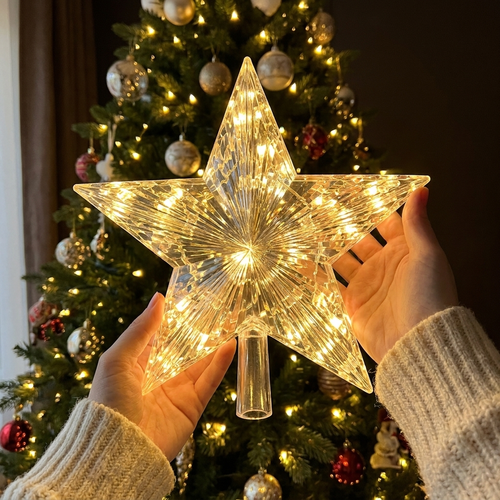 The Skylit Star tree topper, glowing